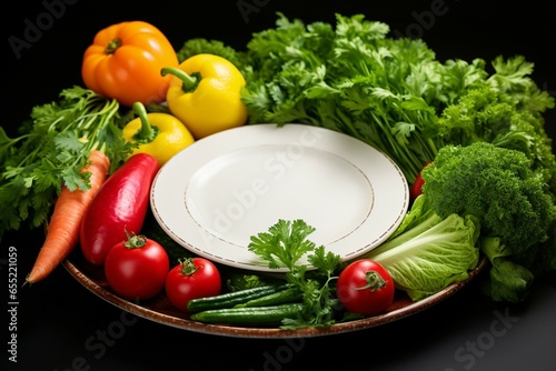 plate holding an array of fresh vegetables parsley, bell peppers, lettuce, dill, lemon, tomatoes, and radish