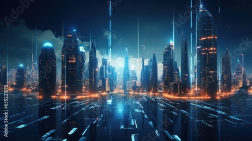 Futuristic Cybernetic Cityscape  Particle Swirls and Glowing Skyscrapers