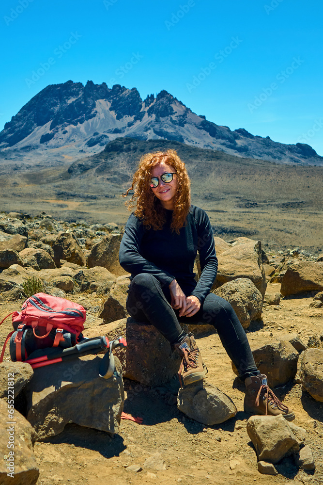 Fototapeta premium tourist girl is sitting against the background of mountains