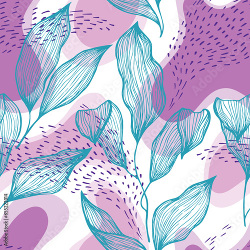 Sketch style doodle line texture leaves over stains and dots seamless vector ...