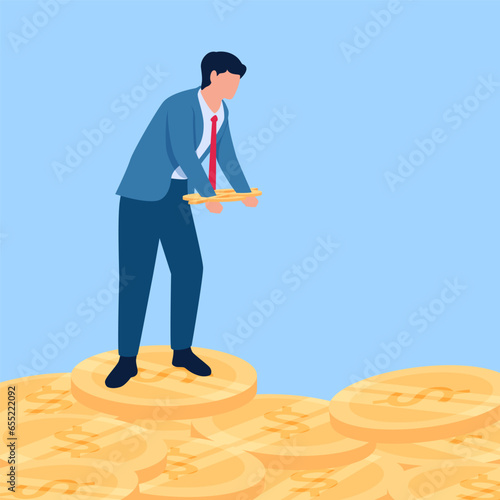 Man handcuffed standing on a pile of gold coins, metaphor of money slave