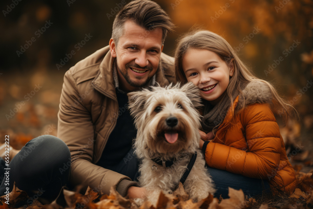 Happy young father and daughter and their dog enjoying their autumn days on a pumpkin field. Generative AI Happy young father and daughter and their dog enjoying their autumn days on a pumpkin field. Generative AI