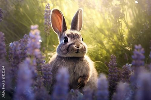 adorable bunny in a woodland surrounded by lavender blooms. Generative AI