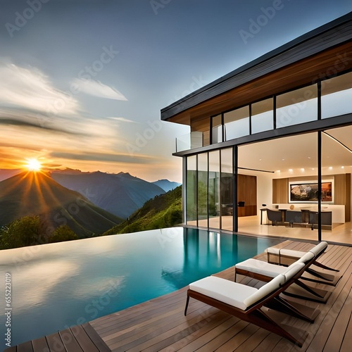 luxury swimming pool at sunset,beautiful big house design © Mazhar