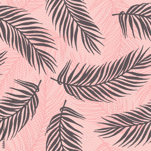 Seamless jungle palm leaves vector pattern. Floral elements over waves texture