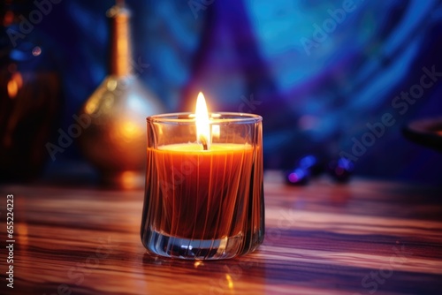 close-up of a candle burning with essential oils beside it