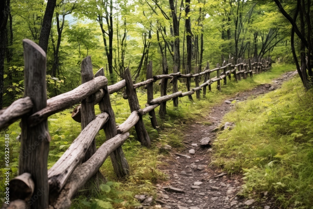 Fototapeta premium wooden fencing along wilderness hiking trail