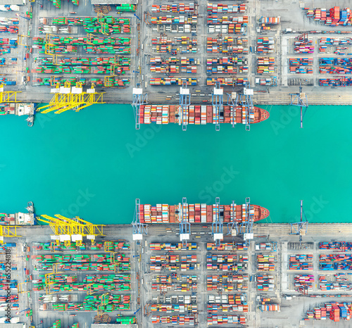 Aerial top view of Container ship loading and unloading  Cargo container in deep seaport for the international order concept.