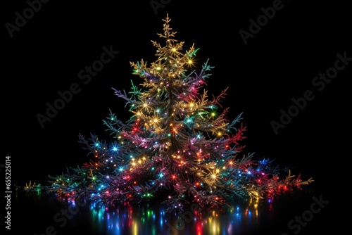 christmas tree with twinkling multicolored lights in complete darkness