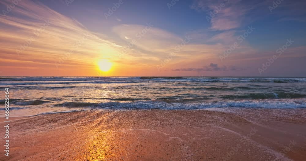 Tropical summer beach, sunrise over sea horizon, waves and beach shore video
