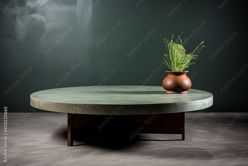 Round wooden coffee table podium, black steel leg, sage green suede leather sofa in sunlight on concrete wall, background 3D. generative AI Round wooden coffee table podium, black steel leg, sage green suede leather sofa in sunlight on concrete wall, background 3D. generative AI