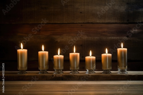 seven lit candles in candleholder on a wooden table