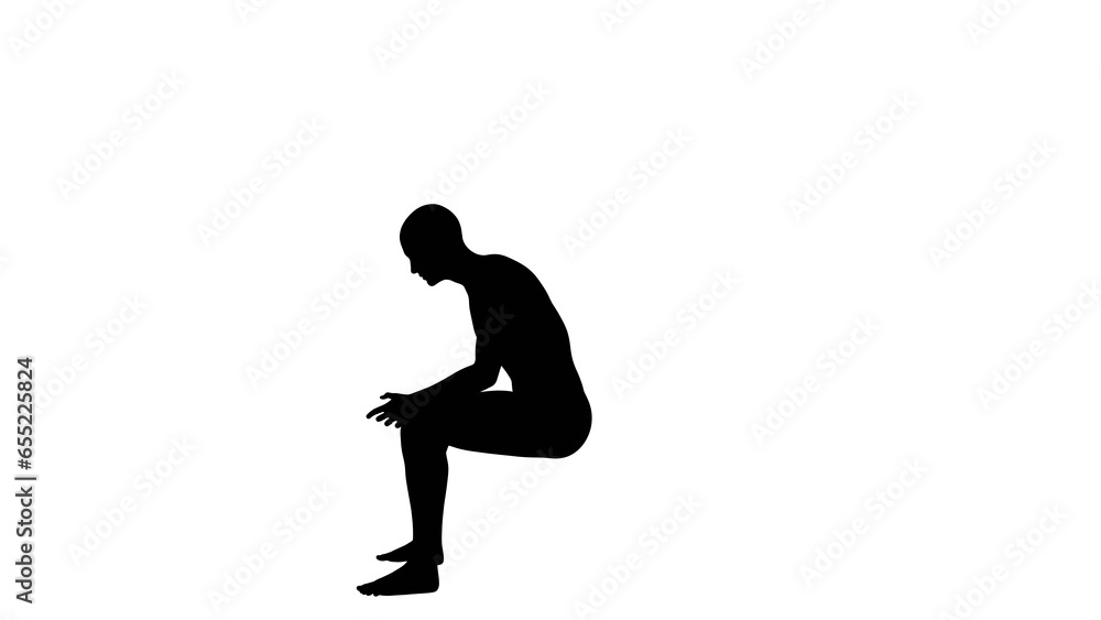 Silhouette of a beautiful young athletic man sitting down and gesturing, transparent background. 3d illustration (rendering).