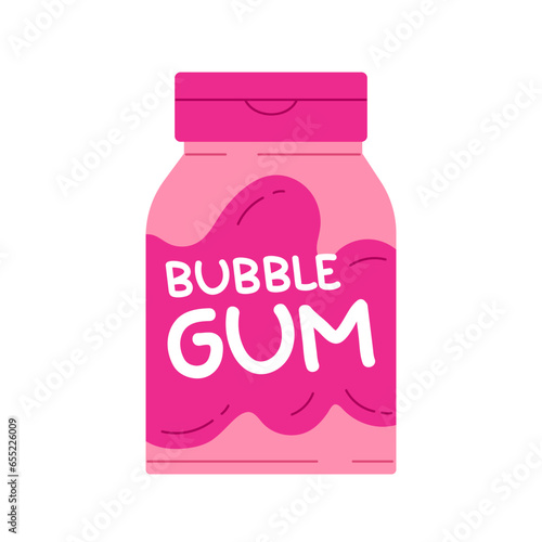 Bubblegum bottle. Chewing bubble gum in a package. Sweet chewing candy box packaging. Vector illustration in cartoon style. Isolated white background.