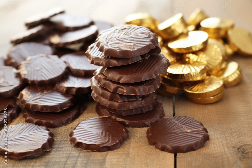 a pile of hanukkah gelt chocolate coins on a light wood surface a pile of hanukkah gelt chocolate coins on a light wood surface