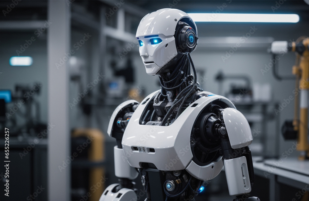 Fototapeta premium Robot face close-up futuristic modern background. Future digital technology AI artificial intelligence concept. Generative AI