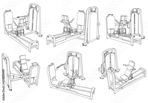 Leg Exercise Equipment. Gym equipment on white background vector illustration. Different fitness equipment for muscle building. Workout and training concept.