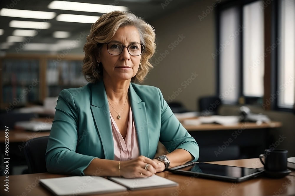 A female teacher of middle age sits at her desk in the school office, holding a tablet device. A female teacher of middle age sits at her desk in the school office, holding a tablet device.