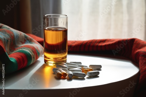 pills and water glass on a bedside table