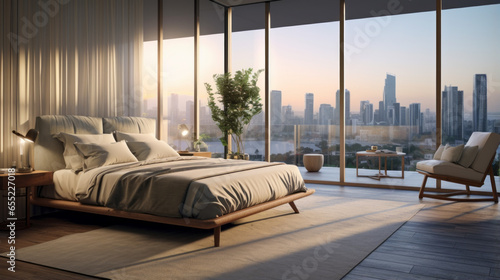 A modern penthouse bedroom with a king-size bed, city views, and a private balcony