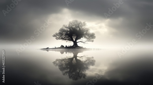 tree is standing in water on an island in white and black