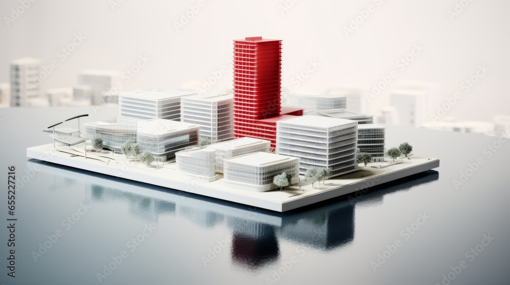 rendered top view of model of building highlighted in red
