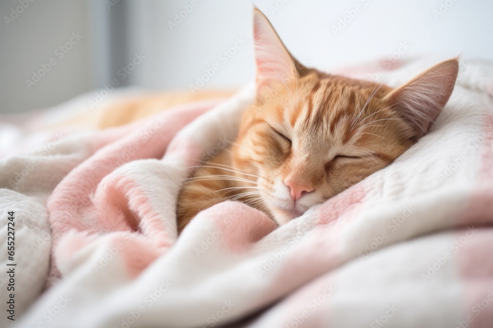 cat sleeping peacefully on a soft blanket