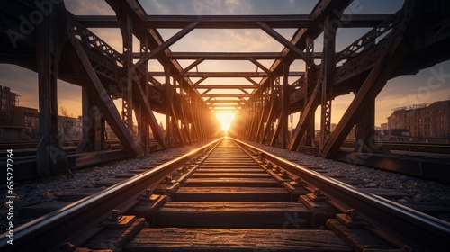 railroad tracks on a bridge at sunset photo