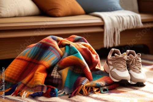 running shoes next to a warm, inviting throw blanket