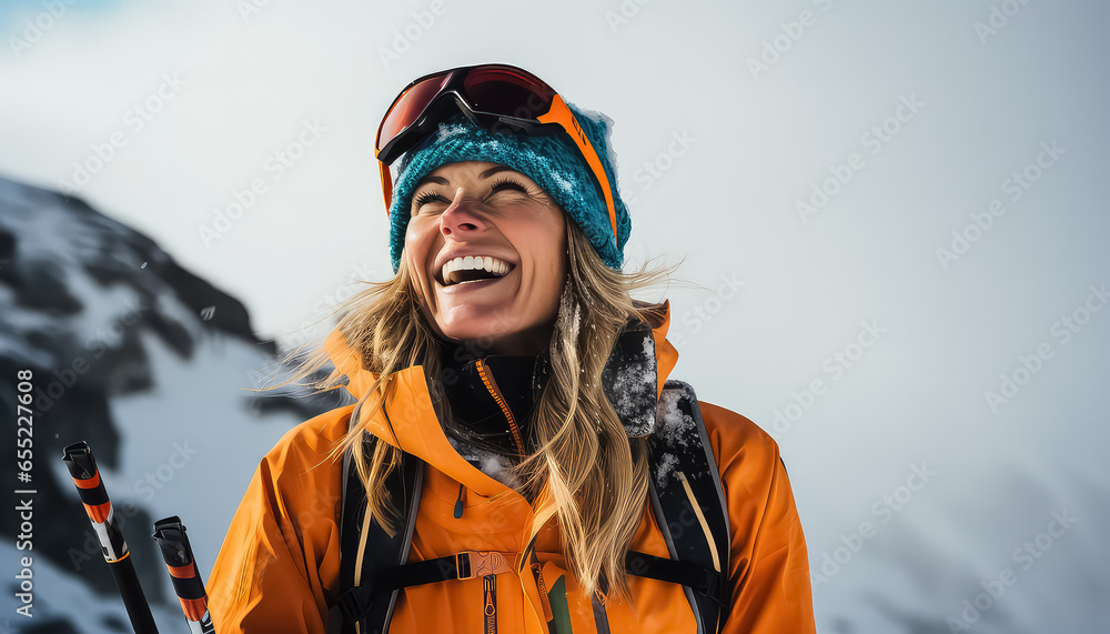 Happy woman skier against the backdrop of mountains - obrazy, fototapety, plakaty 