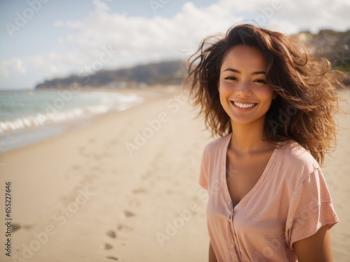 Portrait of Beautiful Woman at the Beach for Wellness Lifestyle, Serene Woman on Beach for Mental Health Advertisement, Wellness and Mental Health: Beach Portrait of a Beautiful Woman