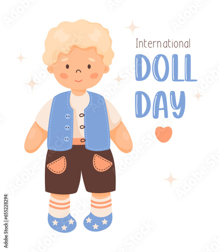 Doll Day card. Cute children toy doll curly blond boy in vest and shorts. International holiday. Vector illustration. Greeting Postcard for Blonde Day in cartoon style. Kids collection.