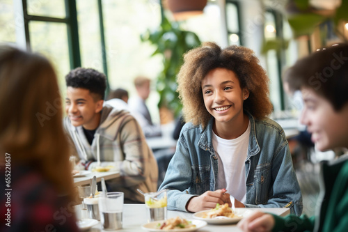 Students in a school dining room, happily eating, diversity within the student population and the role of the school cafeteria in providing balanced meals