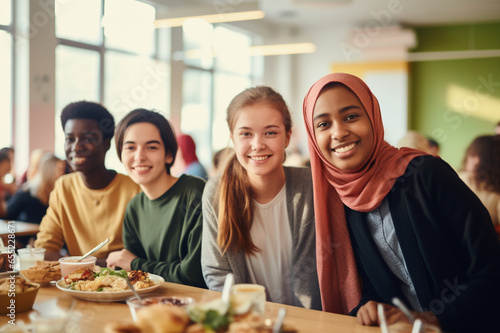 Students in a school dining room, sitting at cafeteria tables and sharing a meal, diverse student population