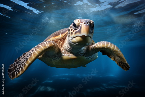 Sea Turtle Swimming in Sunlit Ocean, AI Generated