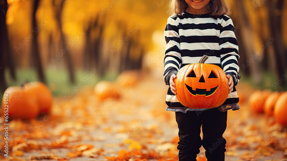 Obraz premium Closeup photo of girl's hands holding a jack-o-lantern for Halloween, autumn park on background, copy space template for invitation