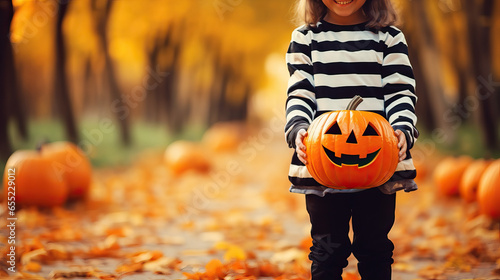 Closeup photo of girl's hands holding a jack-o-lantern for Halloween, autumn park on background, copy space template for invitation