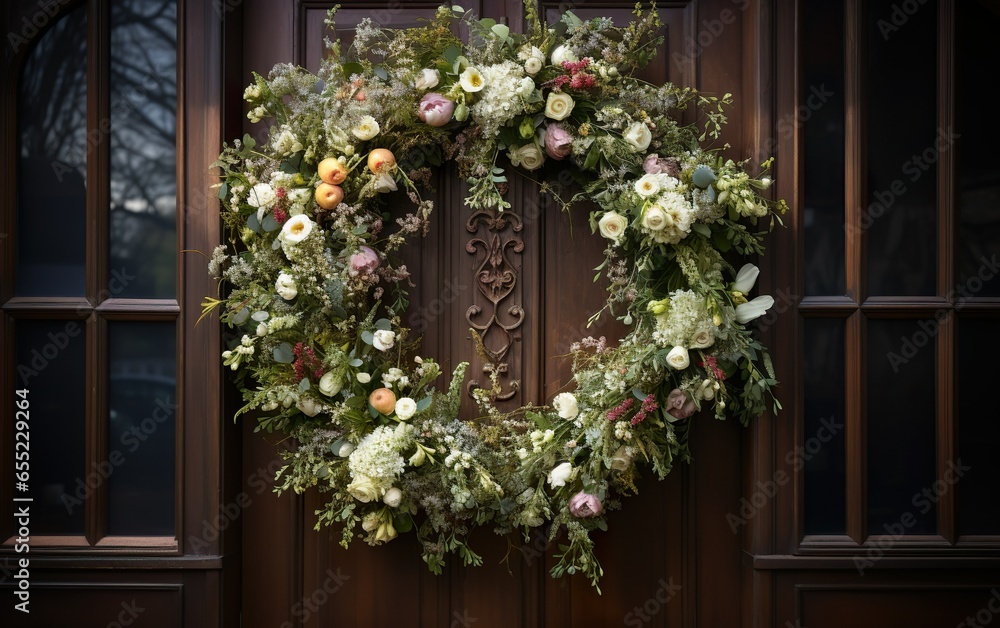 Closeup of decorative spring or summer wreath on the brown wooden door. Blossom flower arrangement of the house entrance. Closeup of decorative spring or summer wreath on the brown wooden door. Blossom flower arrangement of the house entrance.