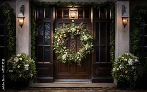 Blossom flower arrangement of the house entrance. Decorative spring or summer wreath on the wooden door. Romantic wedding decor.