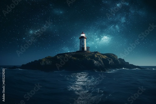 Nighttime lighthouse amidst starry sea. Generative AI