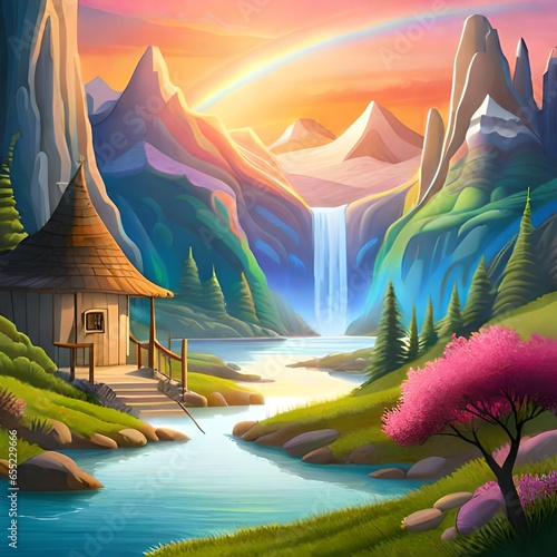 Whimsical Neverland: Vibrant Fantasy in 8K Landscape Amid Nebula Sunset and Rainbow Clouds photo