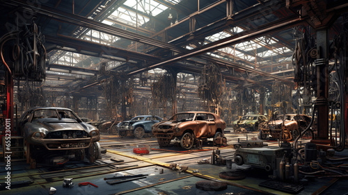 Automobile assembly plant. Car manufacturer. Car factory. Generative AI © BoszyArtis