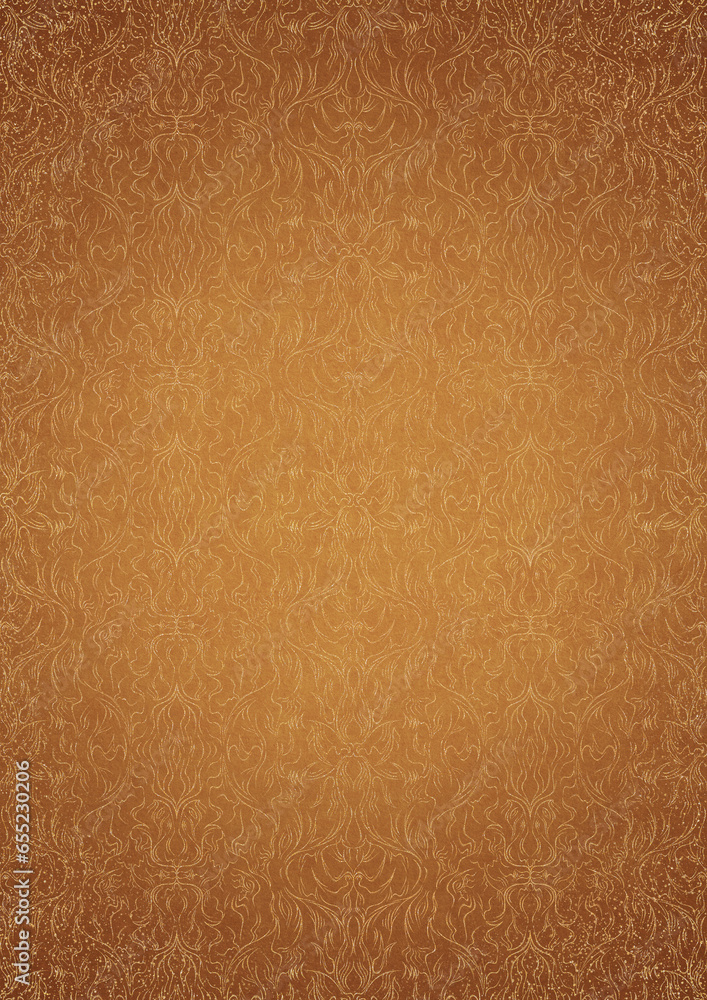 Fototapeta premium Hand-drawn unique abstract gold ornament on a yellow background, with vignette of darker background color and splatters of golden glitter. Paper texture. Digital artwork, A4. (pattern: p11-1e)