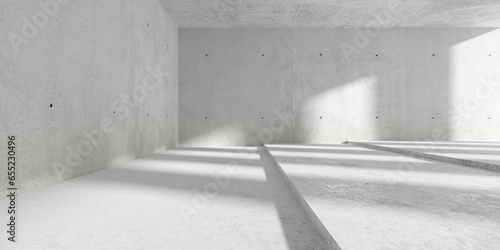 Abstract empty, modern concrete room with large steps, pillar shadows and rough floor - industrial interior background template