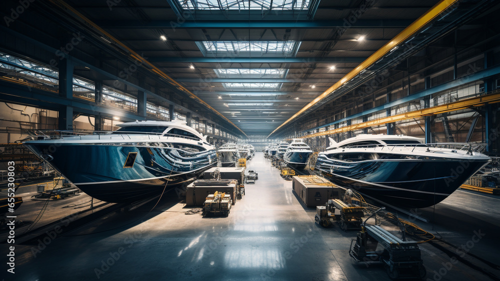 Boat assembly plant. Boat manufacturer. Boat factory. Generative AI - obrazy, fototapety, plakaty 