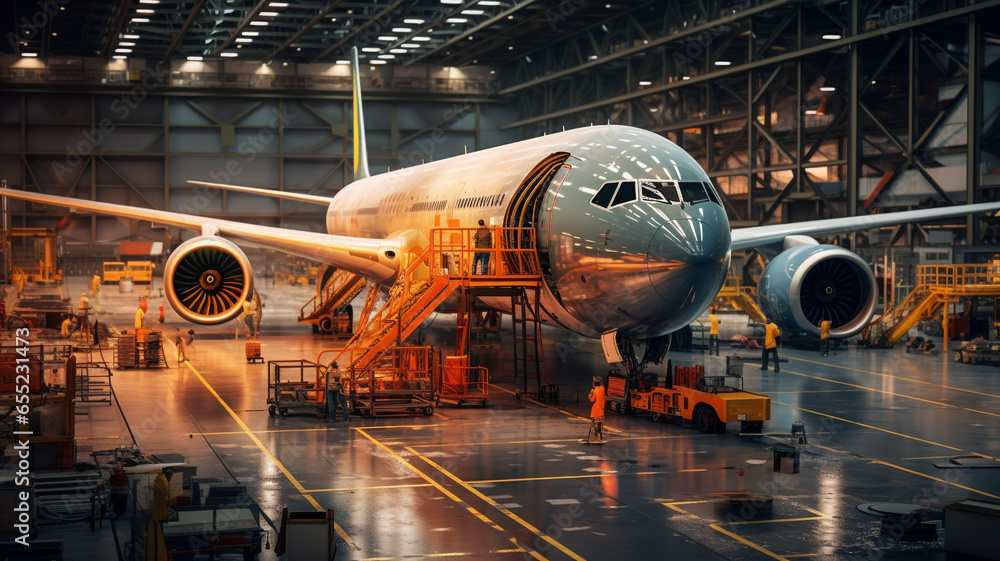 Plane assembly plant. Plane manufacturer. Plane factory. Generative AI Plane assembly plant. Plane manufacturer. Plane factory. Generative AI