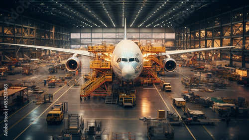 Plane assembly plant. Plane manufacturer. Plane factory. Generative AI photo