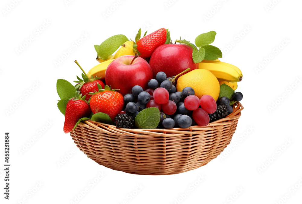 Fruits including oranges, apples, grapes, bananas are in a wicker basket. Fruits including oranges, apples, grapes, bananas are in a wicker basket.