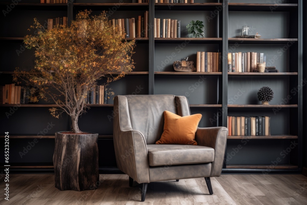 comfy armchair facing a modern bookshelf comfy armchair facing a modern bookshelf