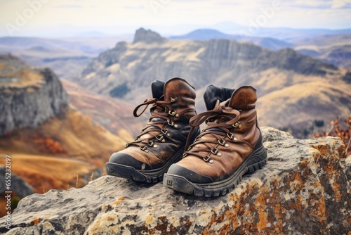 pair of hiking boots on a cliff edge overlooking mountains